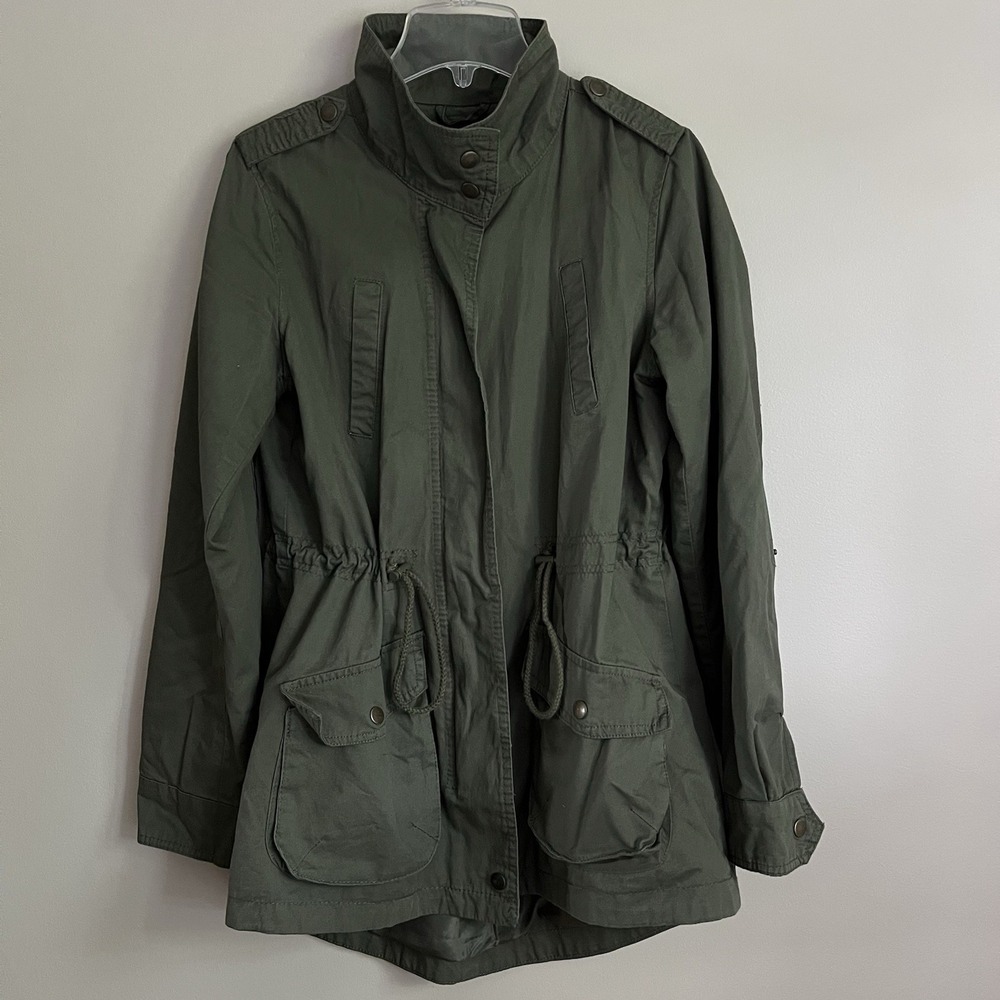 Olive Green Utility Jacket Military FullZip Drawstring Waist Medium